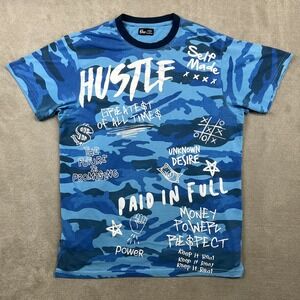 One Nation Hustle Graphic T-Shirt Large Mens Blue Camo Streetwear Paid In Full